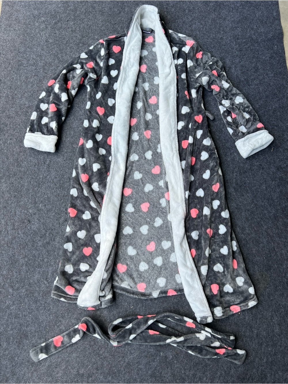Women Gray Heart Fleece Robe with Pink & White Hearts